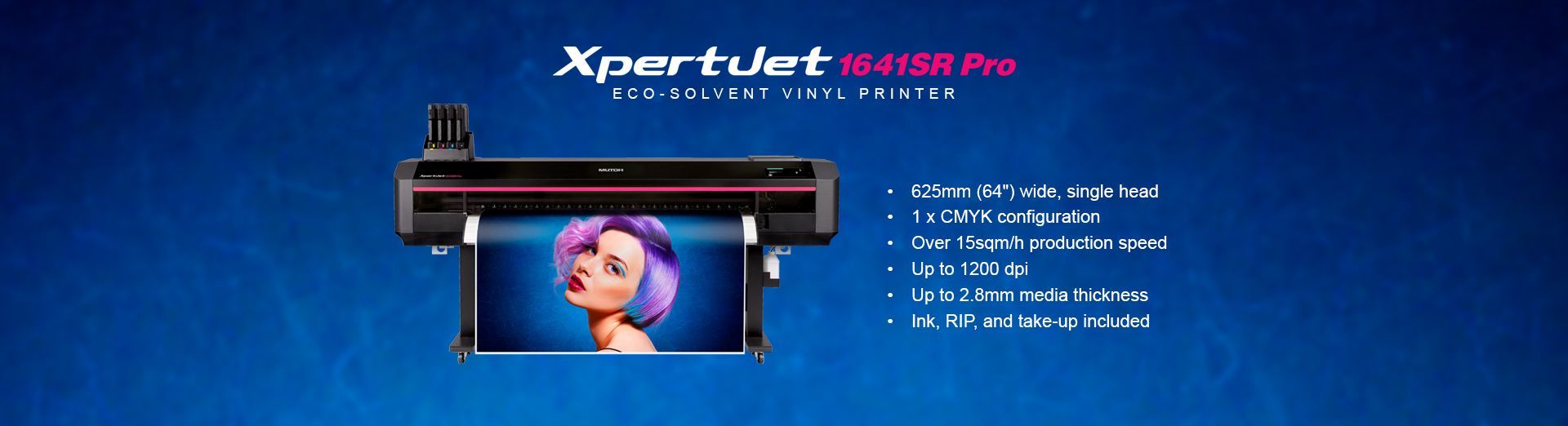 Mutoh XPJ-1641SRP with print of lady coming out the front on blue background.