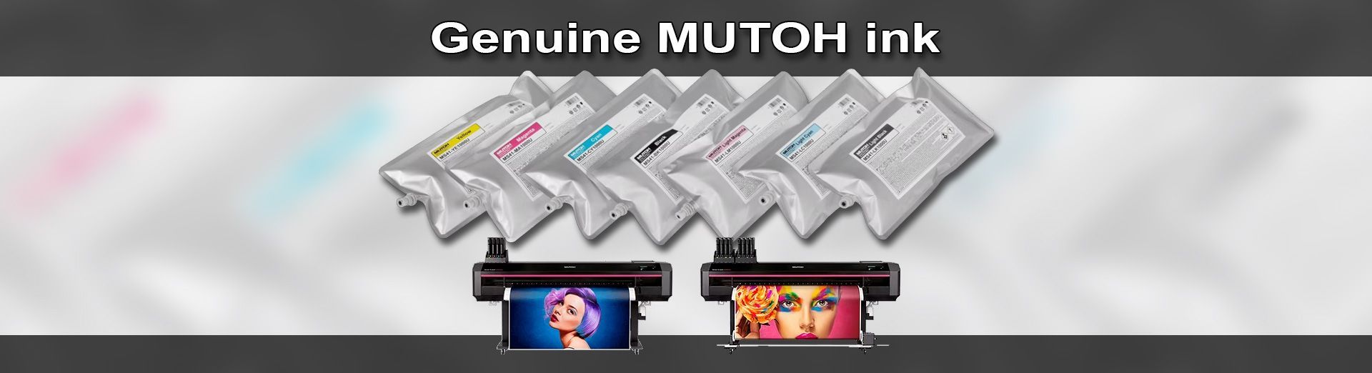 Bags of genuine Mutoh ink with two XPJ eco solvent printers