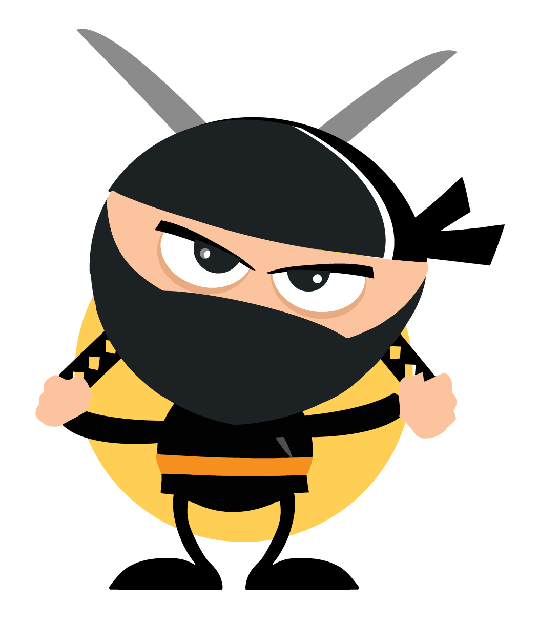 Cartoon ninja with black mask, yellow outfit, and crossed swords on a yellow circle background