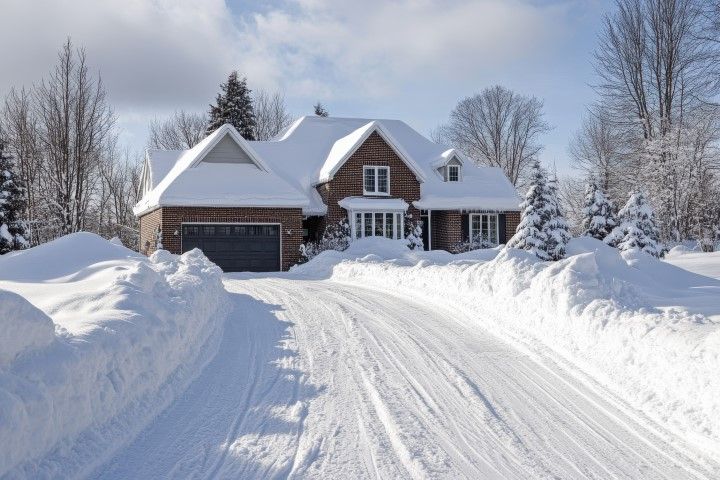 Snow-covered suburban house and driveway after a heavy snowfall