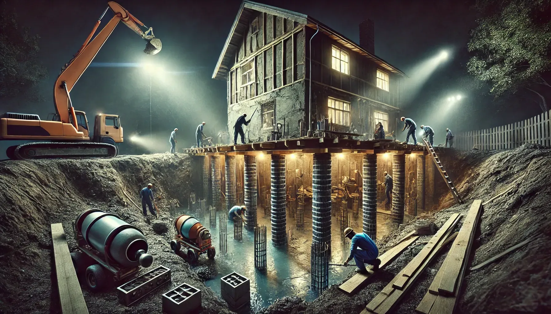 Image depicts foundation repair in progress at night. Blog header image implying guides on foundation repair & waterproofing