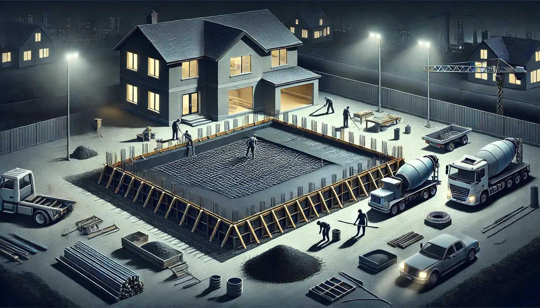 Illustration of a concrete slab foundation being poured at night, showing construction workers, tool