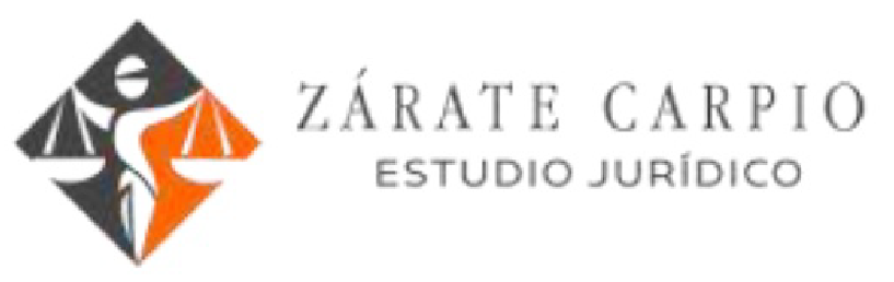 Logotipo para ZÁRATE CARPIO Estudio Jurídico, que presenta una balanza de la justicia dentro de una forma de diamante, esquema de colores naranja y gris.