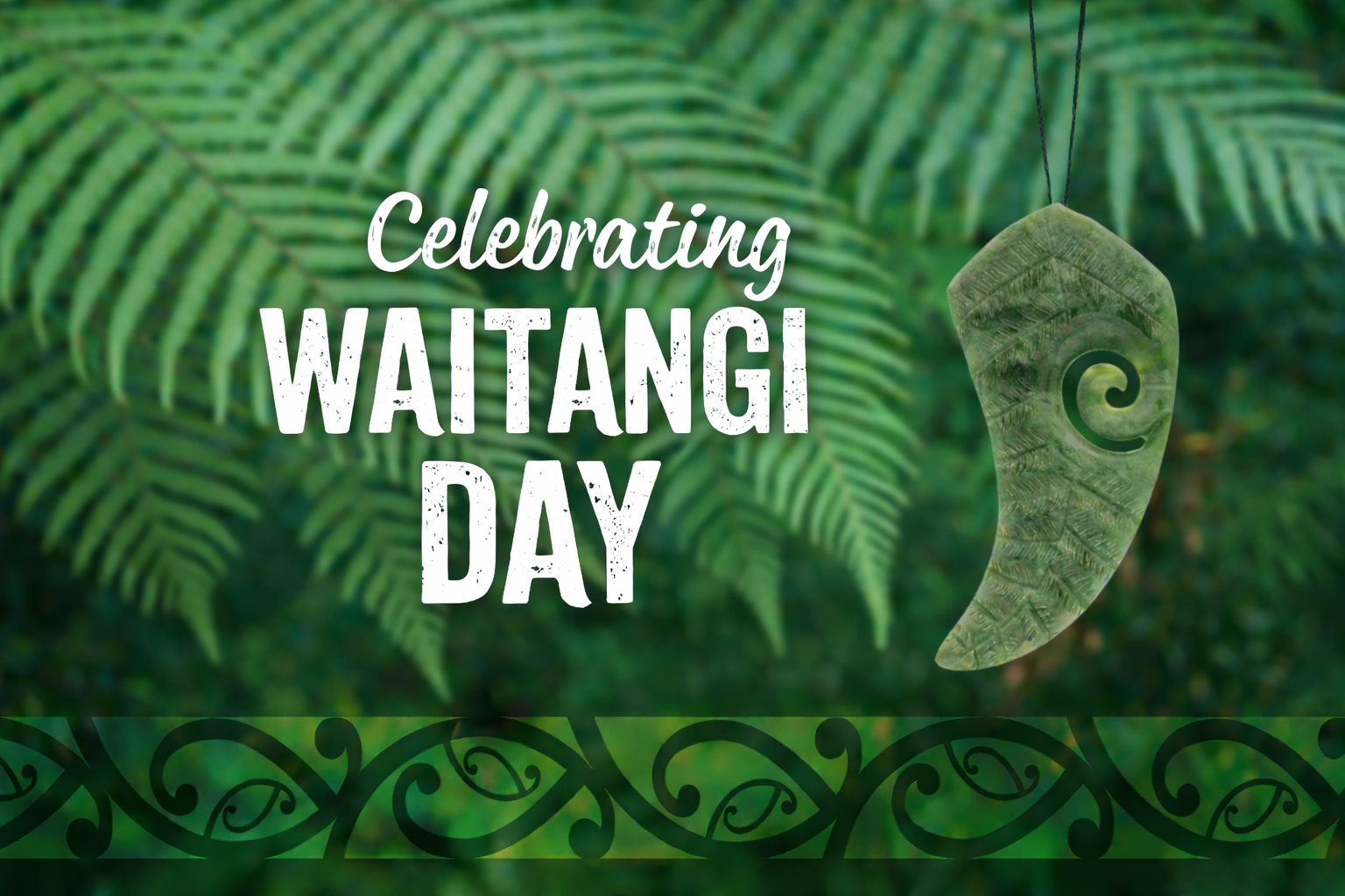 Celebrating Waitangi Day text on green background