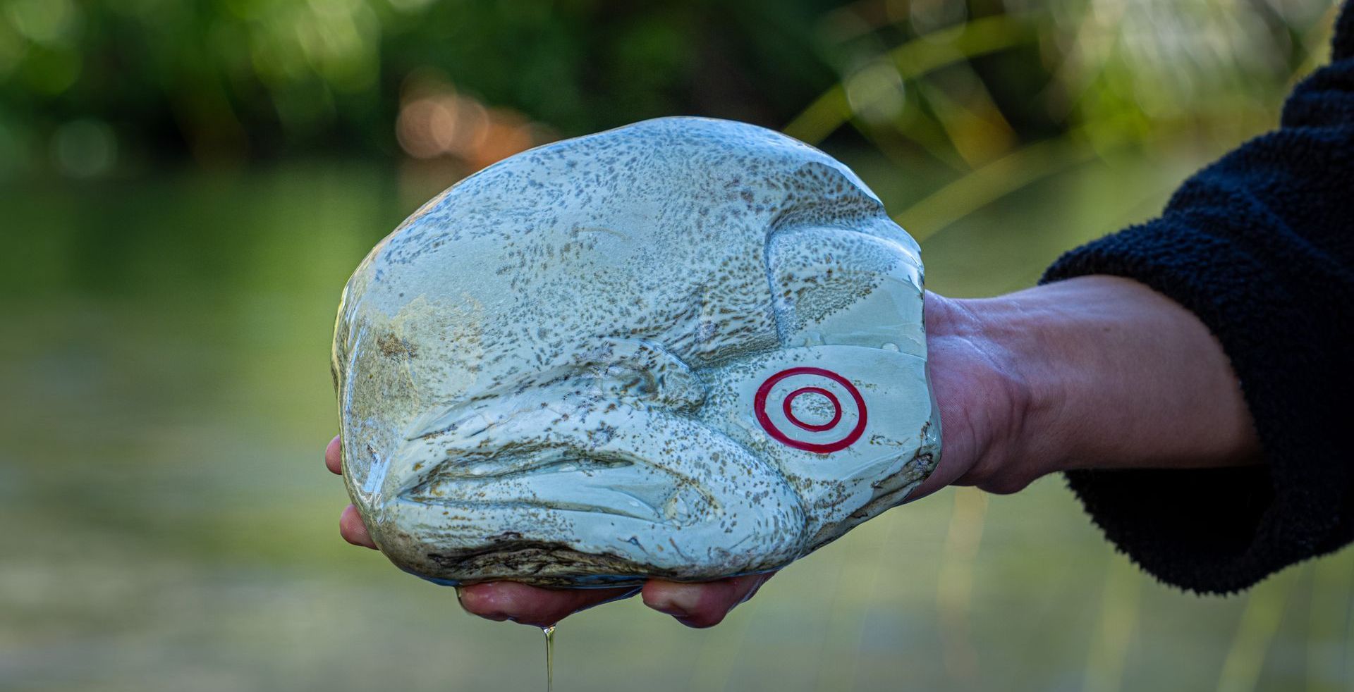 A person is holding a green pendant in their hand over a river.