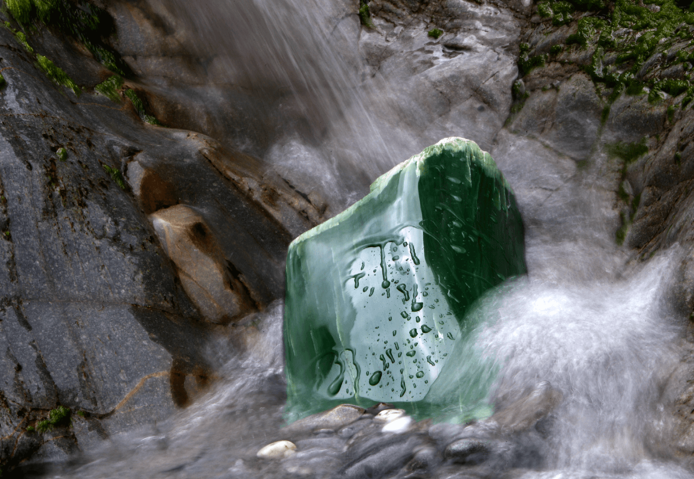 A green rock is in the middle of a stream of water