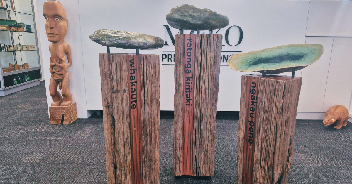 three pillars in the Moko Pounamu showroom