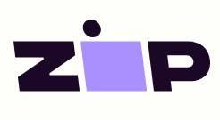 A black and purple logo for zip on a white background.
