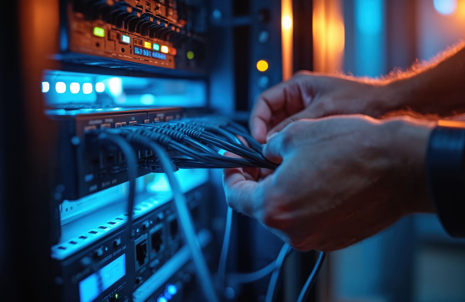 Technician connecting ethernet cables in server room, providing expert IT network support services.