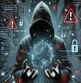 Hooded figure holding a glowing globe, surrounded by digital circuitry, with warning symbols. Hooded figure holding a glowing globe, surrounded by digital circuitry, with warning symbols.