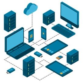 Isometric diagram of a network with computers, servers, phones, tablets, and cloud symbol, all connected by dotted lines. Isometric diagram of a network with computers, servers, phones, tablets, and cloud symbol, all connected by dotted lines.