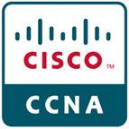 Cisco CCNA certification badge with a red Cisco logo, white background, and teal border.