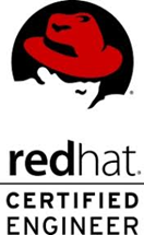 Red Hat Certified Engineer logo: red hat icon over black silhouette with the words