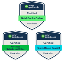 Three QuickBooks ProAdvisor badges: Online, Advanced Online, and Payroll certifications.