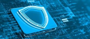 A digital shield icon on a circuit board, representing data security and protection.