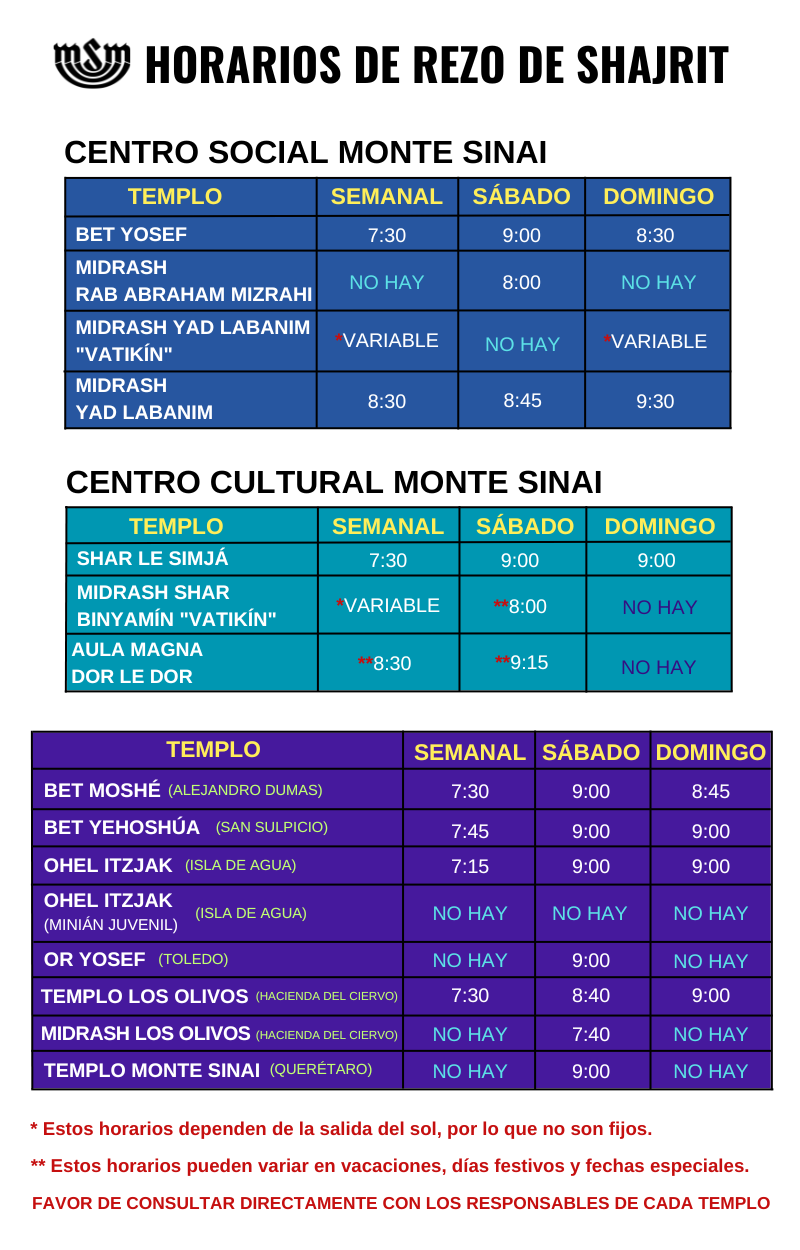 Un cartel azul y blanco que dice horarios de rezo de shajrit.