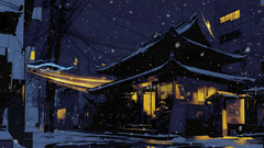 Verschneite Nachtszene eines traditionellen japanischen Gebäudes, beleuchtet von warmem Licht, mit fallendem Schnee.