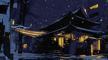 Verschneite Nachtszene eines traditionellen japanischen Gebäudes, beleuchtet von warmem Licht, mit fallendem Schnee.