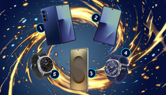 Fünf technische Geräte: zwei Handys, zwei Smartwatches und ein Falthandy vor einem gold-blauen Hintergrund.