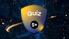 Quizschild mit dem Text „Quiz“ und dem Abzeichen „S+“ vor einem sternenübersäten Hintergrund.