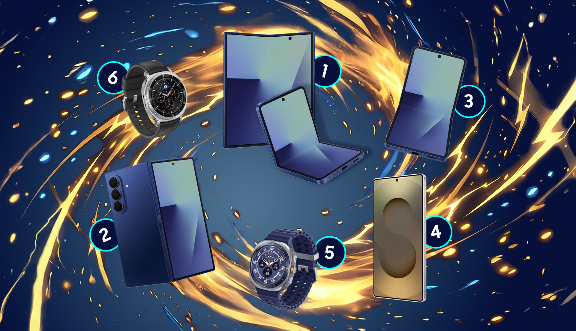 Fünf technische Geräte: zwei Handys, zwei Smartwatches und ein Falthandy vor einem gold-blauen Hintergrund.