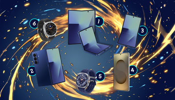 Fünf technische Geräte: zwei Handys, zwei Smartwatches und ein Falthandy vor einem gold-blauen Hintergrund.