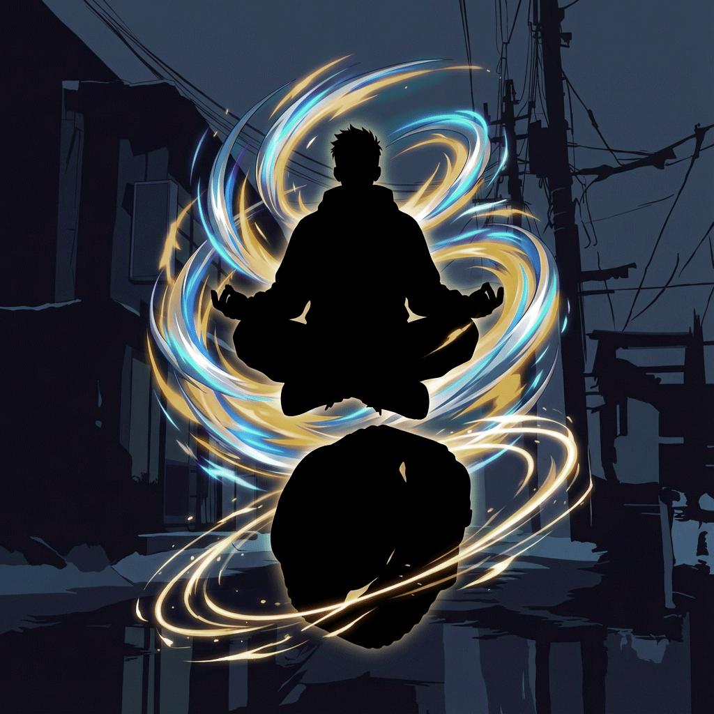 Silhouette di una persona in meditazione, circondata da un vortice di energia blu e oro, sospesa su una pietra. Sullo sfondo della città.