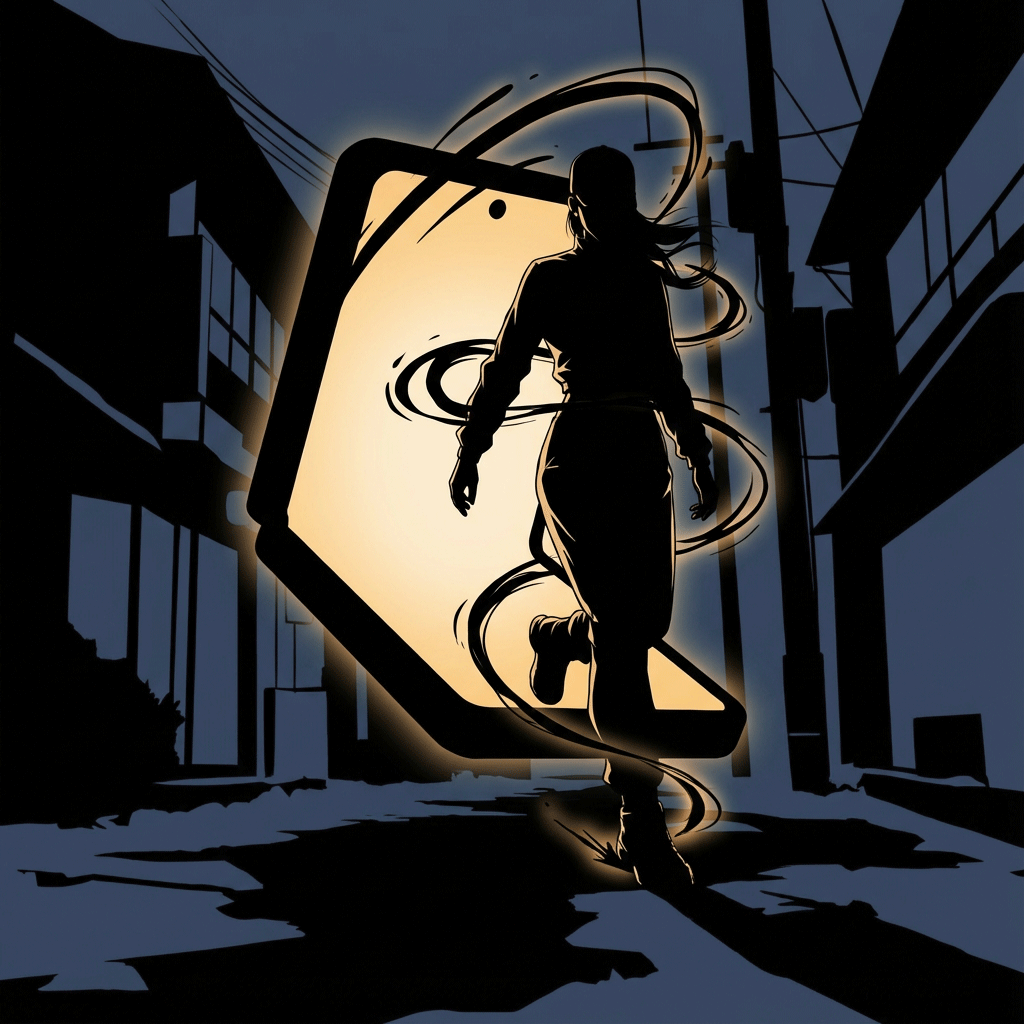 Silhouette einer Person, die durch eine Gasse rennt, leuchtendes Handy, wirbelnde Energie.