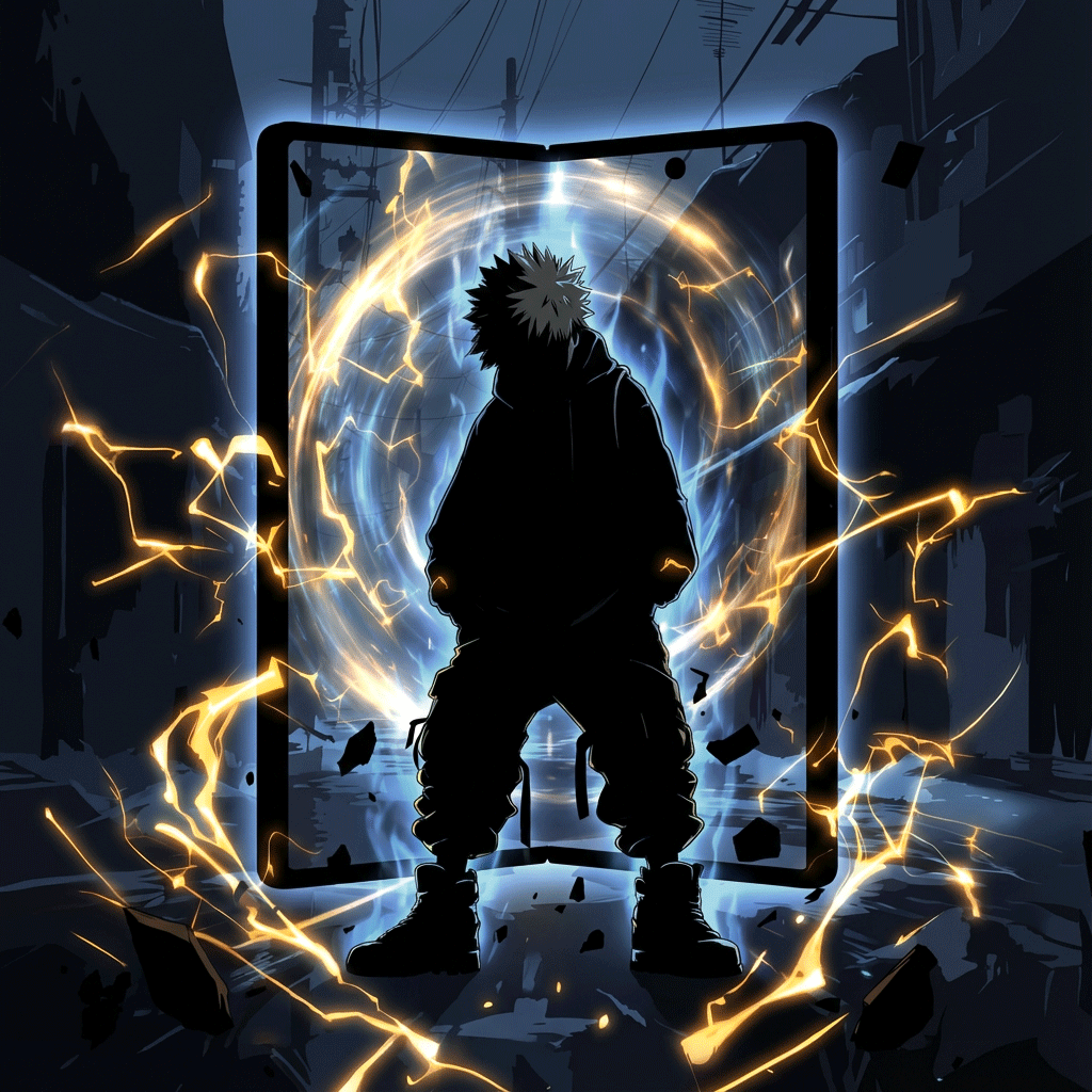 Silhouette einer Person mit leuchtender Energie, eingerahmt von einem zerbrochenen Rechteck in einer dunklen Gasse.