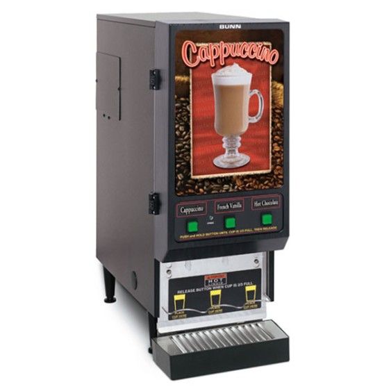 Cappuccino vending machine with illuminated drink options and illustration of a cappuccino.