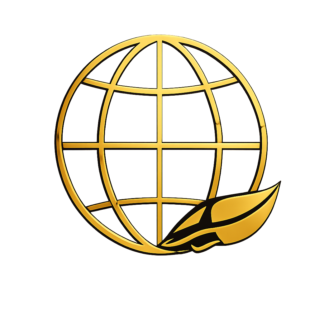 A golden globe graphic with a single, stylized golden leaf attached to the lower right side against a white background.