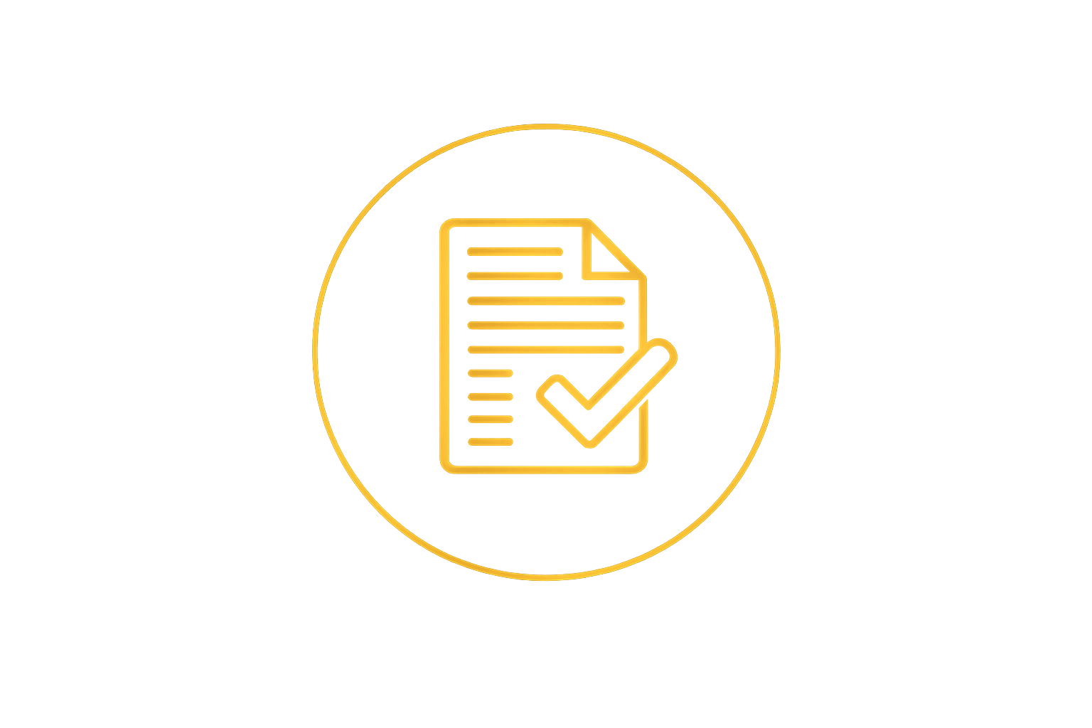A gold icon of a document with a checkmark inside a circular outline.