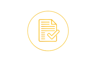 A gold icon of a document with a checkmark inside a circular outline.