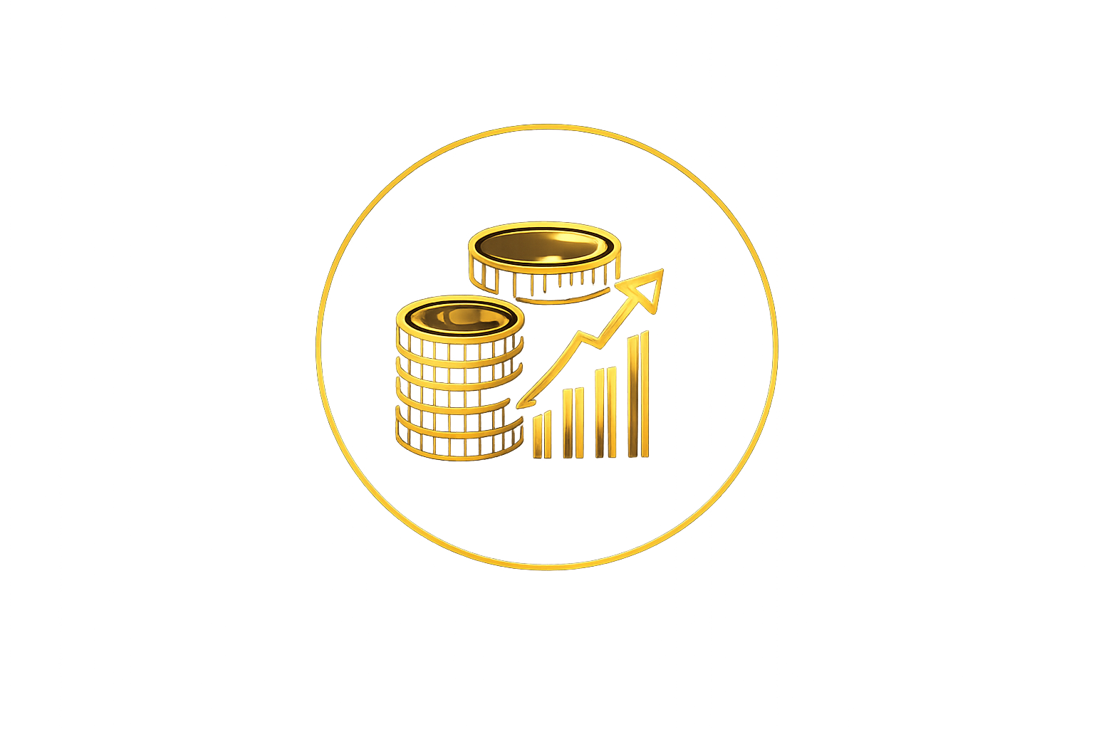 A gold circular icon featuring a stack of coins and an upward-trending bar graph with an arrow pointing up.