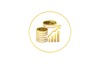 A gold circular icon featuring a stack of coins and an upward-trending bar graph with an arrow pointing up.