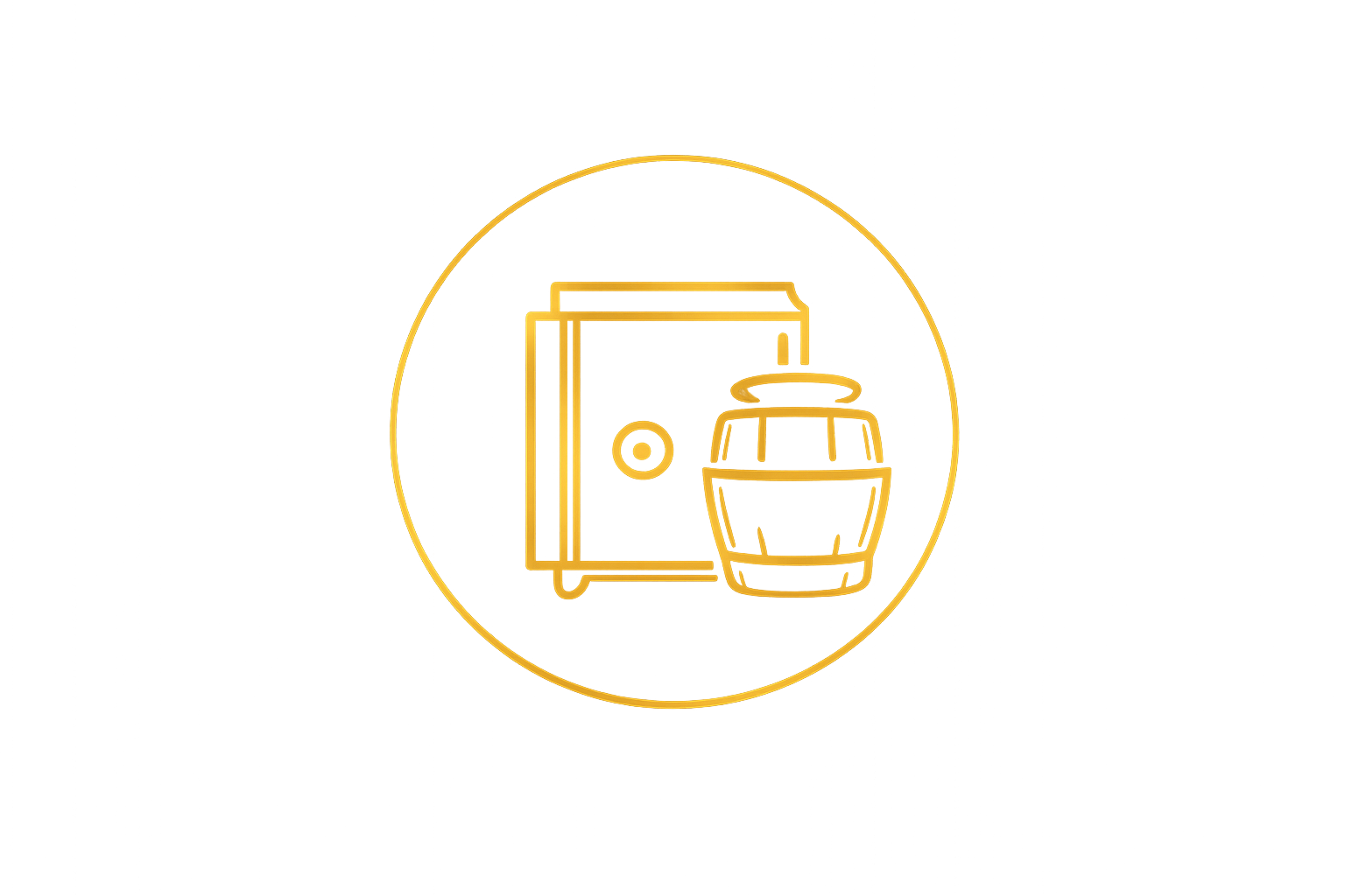 A gold outline icon featuring a safe positioned next to a pot or barrel inside a circle.