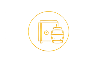 A gold outline icon featuring a safe positioned next to a pot or barrel inside a circle.