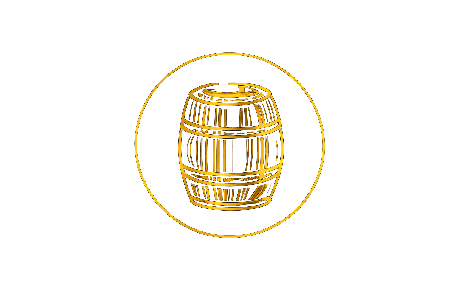 A golden line drawing of a wooden barrel centered within a golden circle against a white background.