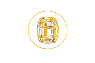 A golden line drawing of a wooden barrel centered within a golden circle against a white background.