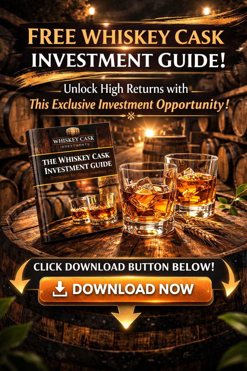 A promotional banner for a whiskey cask investment guide, featuring whiskey glasses on a barrel and a download button.