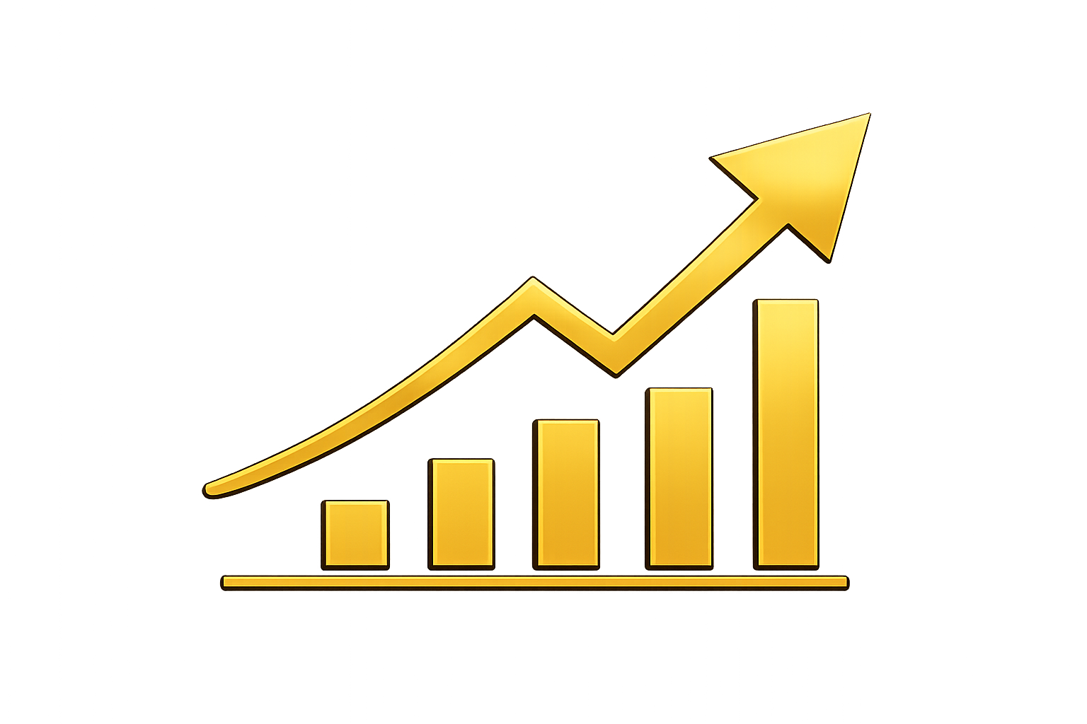 A golden bar chart with an upward-pointing arrow overlay, representing growth and progress on a white background.