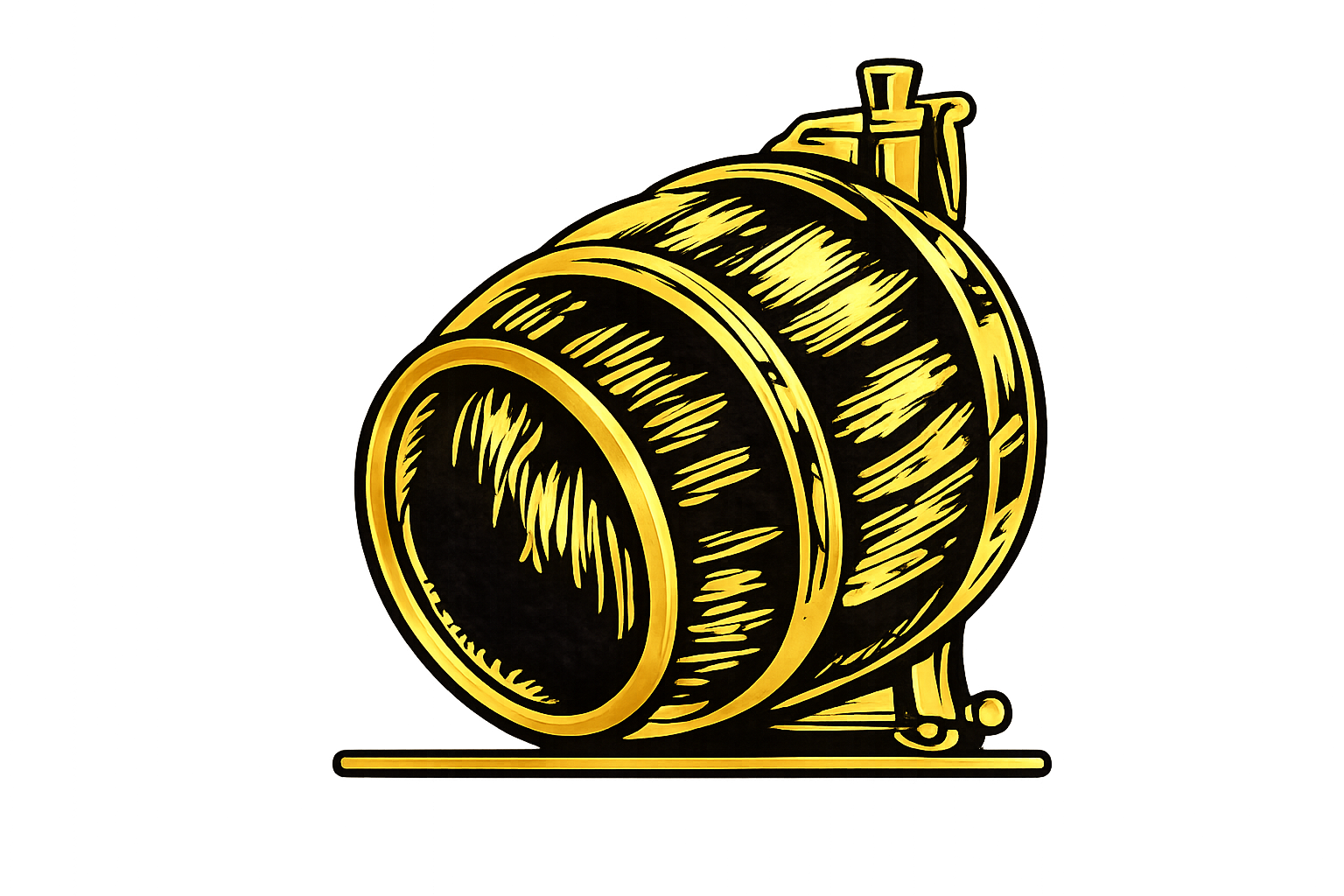 A gold-colored graphic of a wooden barrel tilted on its side, resting on a flat stand.