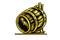 A gold-colored graphic of a wooden barrel tilted on its side, resting on a flat stand.