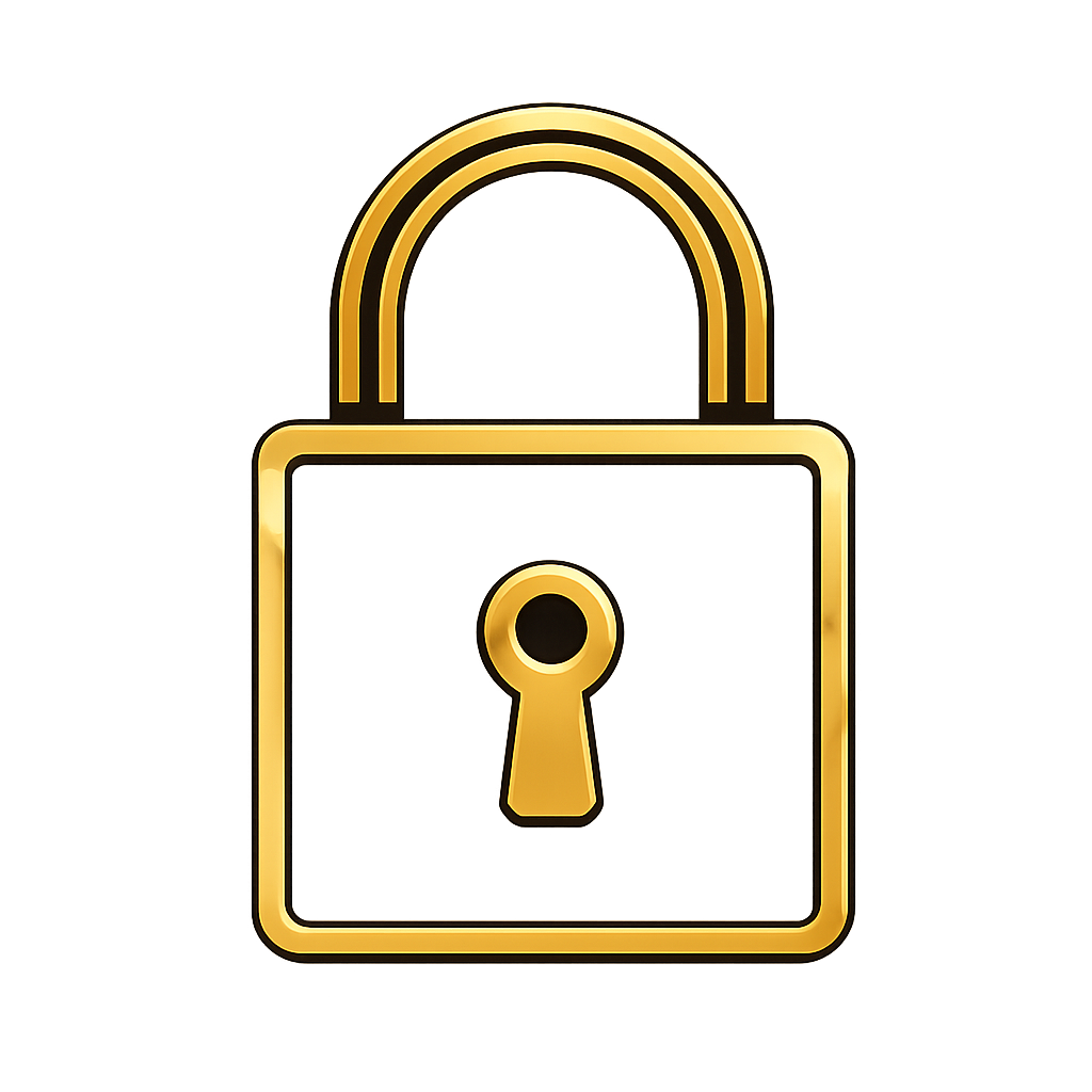 A gold-outlined padlock with a white center and a gold keyhole.