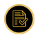 A gold-outlined document icon with a checkmark on a black background.
