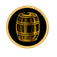 A gold-colored barrel icon on a black background, encased within a gold circular border.