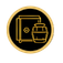 Gold-colored line icon of a safe and a barrel inside a black circle.