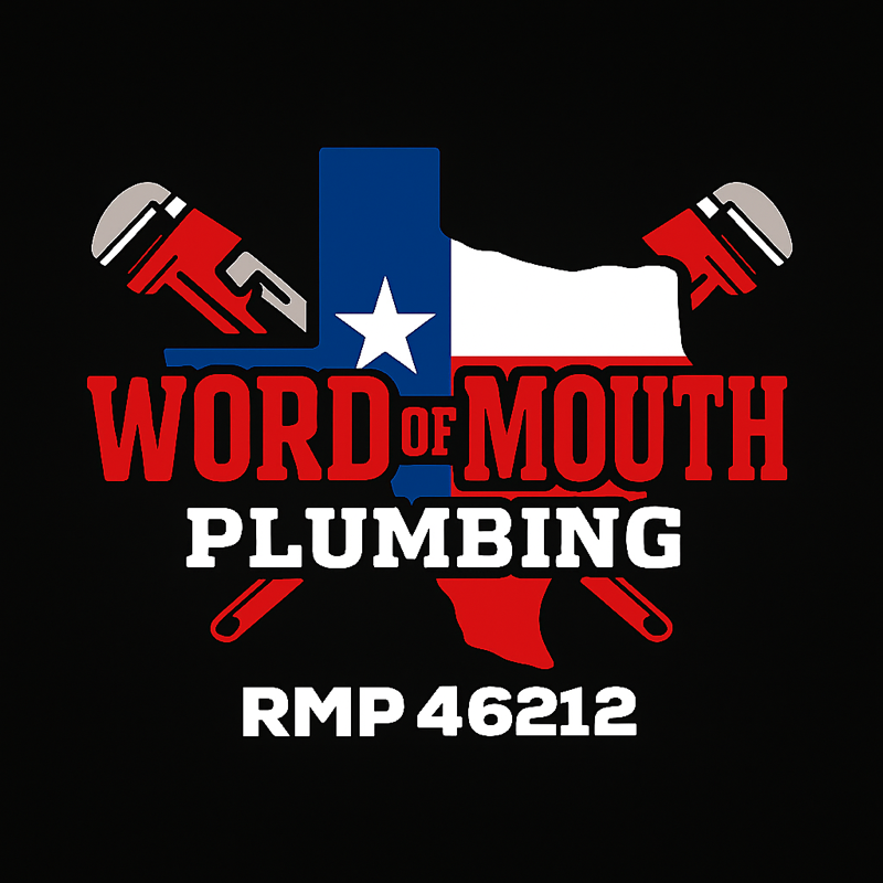 Logo for Word of Mouth Plumbing, featuring Texas flag, crossed wrenches, and red and white text on black background.