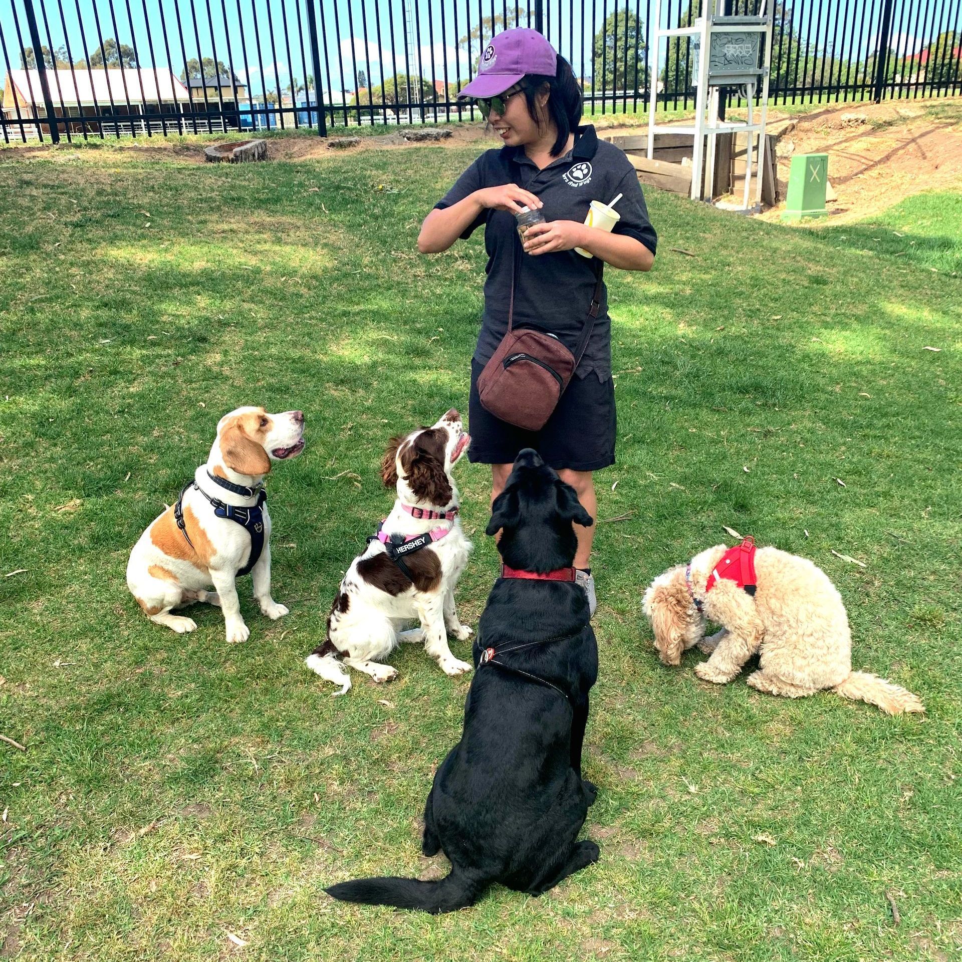 Mea with four dogs.