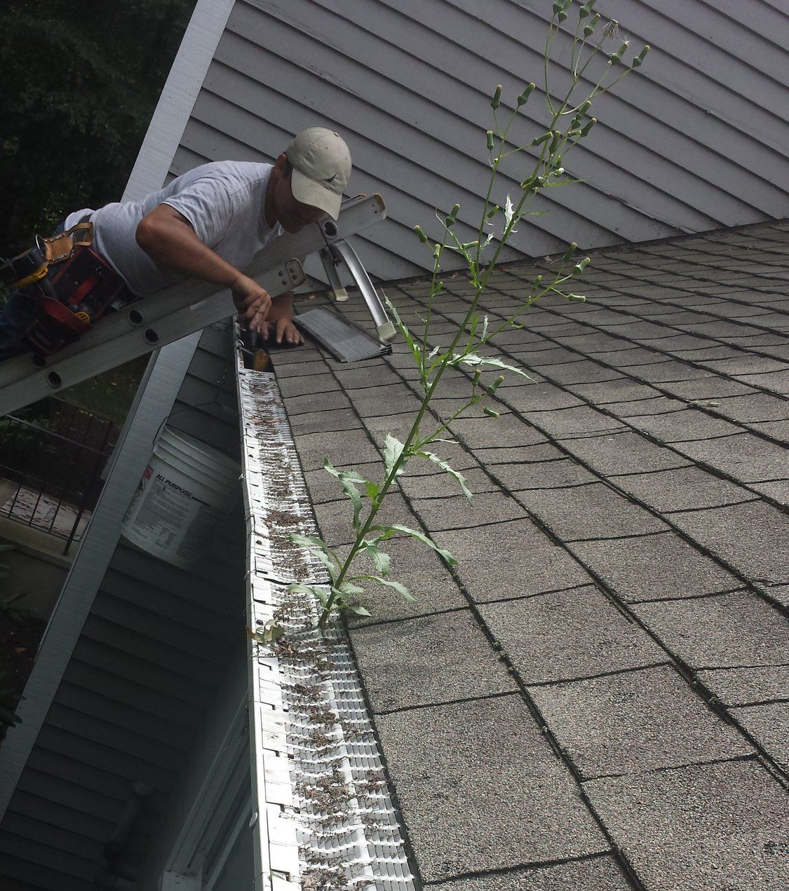 A man is cleaning a gutter on the roof of a house.